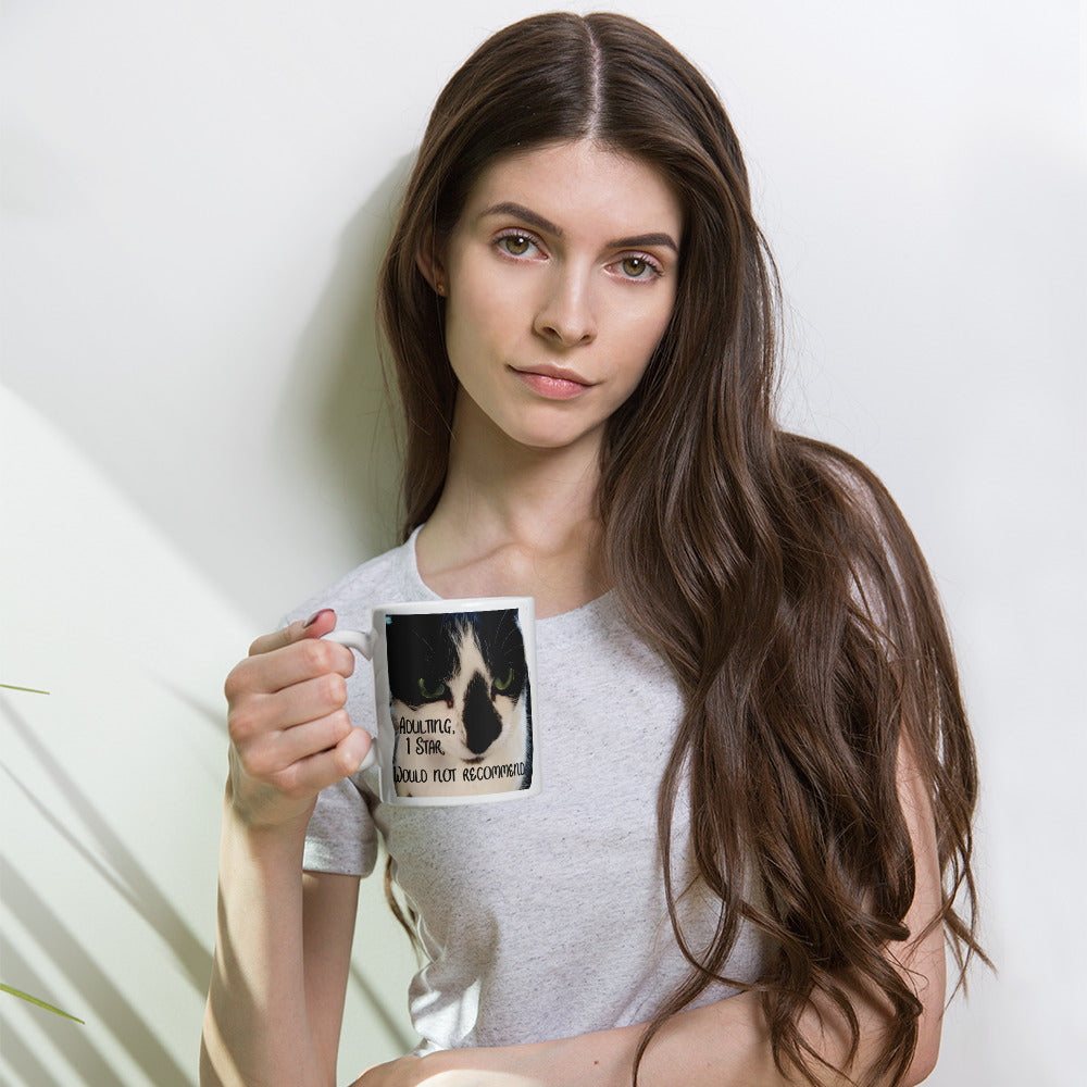 Angry kitty does not like adulting! White glossy mug
