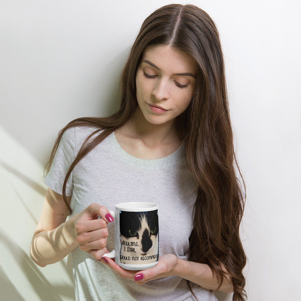 Angry kitty does not like adulting! White glossy mug