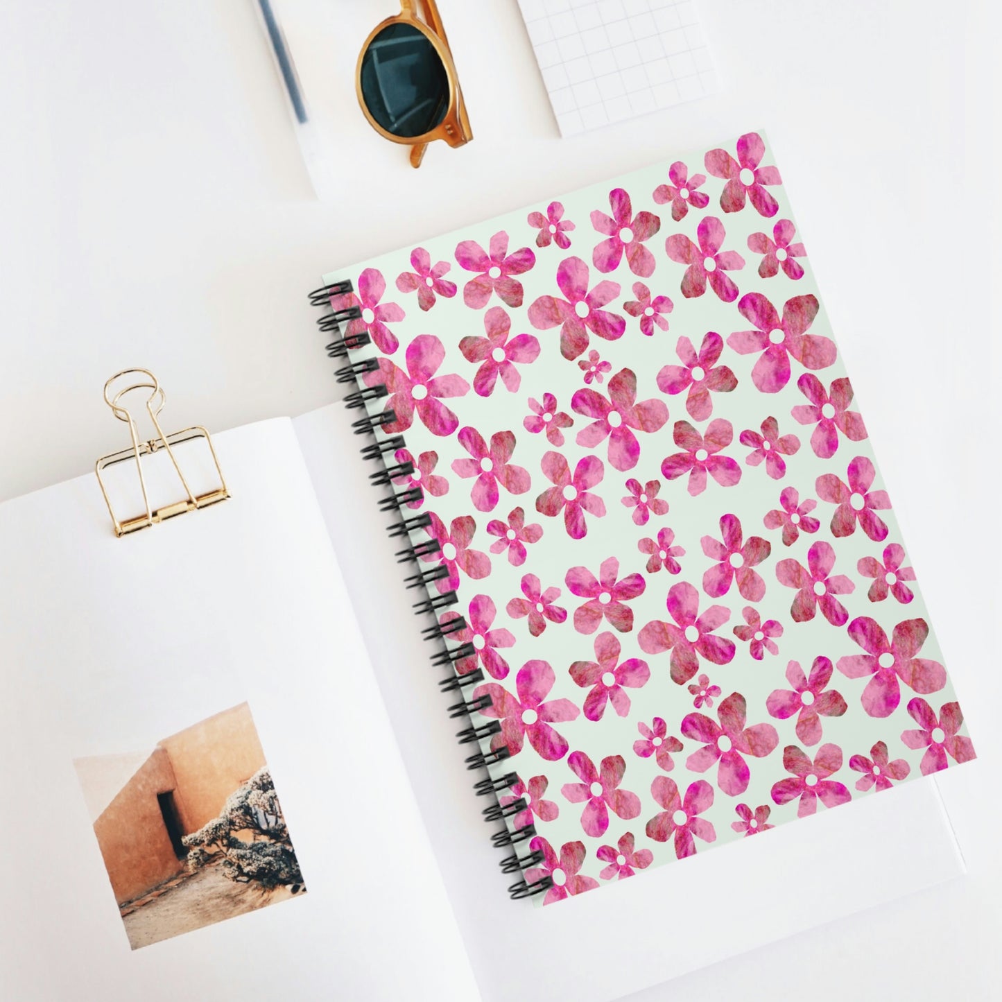 Summer Mint, Cotton Candy Pink Floral, Spiral Notebook - Ruled Line