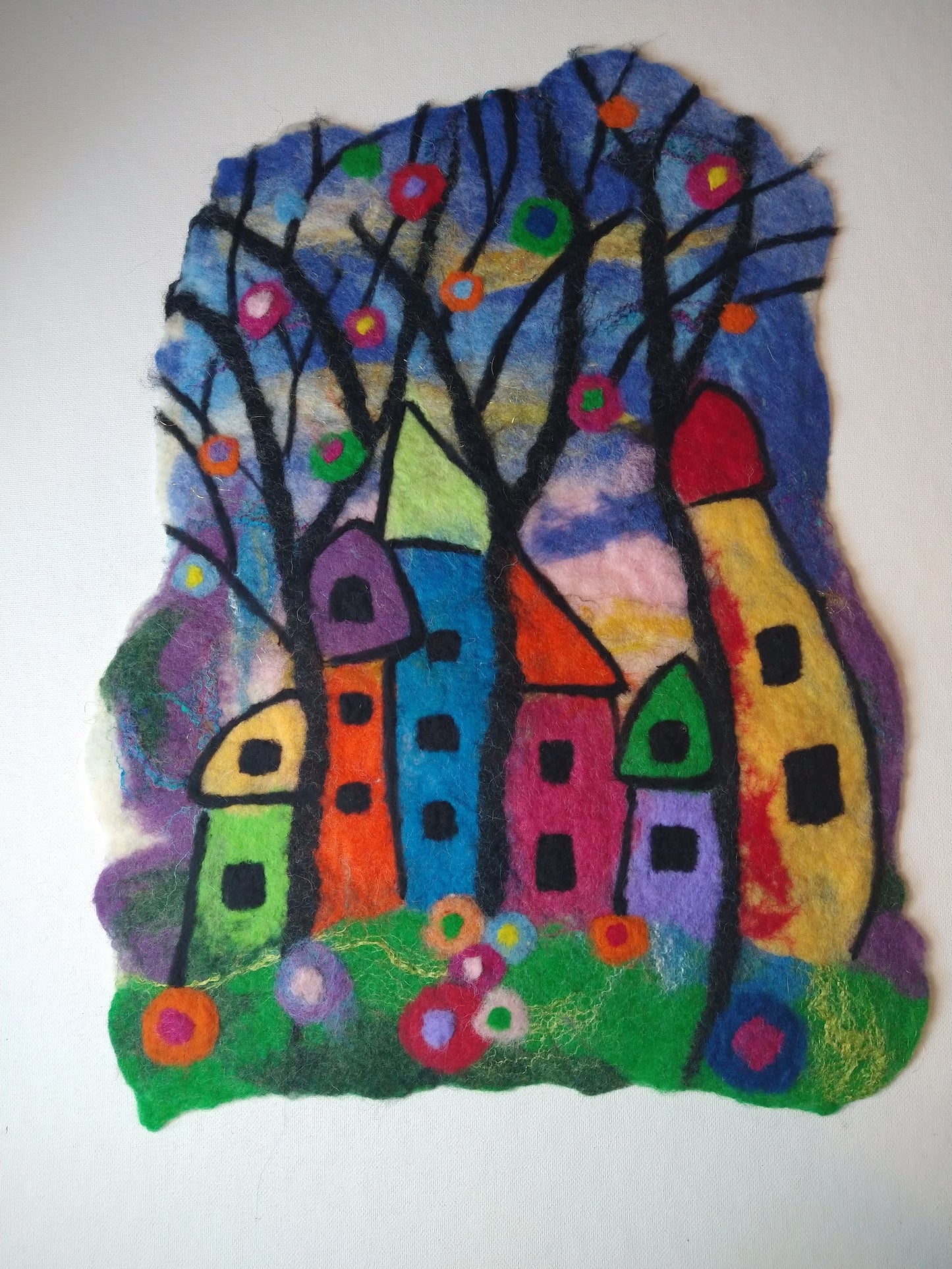 kaleidoscope houses felted wool wall hanging dr seuss style stained glass art style